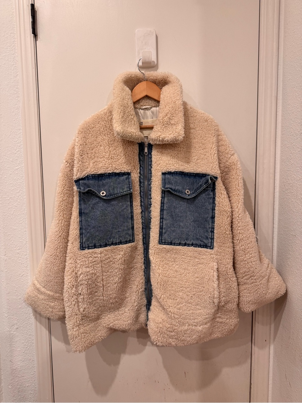 Anthropologie Pilcro Sherpa Denim Trucker Jacket Cream XL Oversized